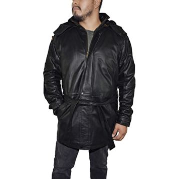 3 4 length shop leather hooded jacket men's