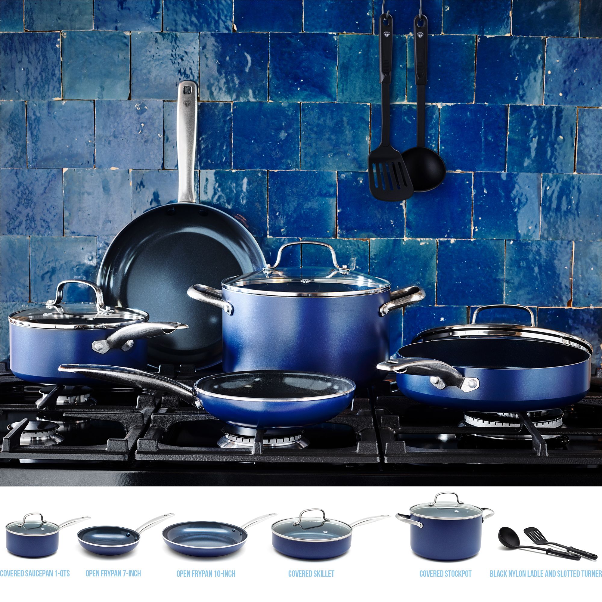 Fingerhut - Blue Diamond 11-Pc. Nonstick Stainless Steel and Aluminum Cookware  Set