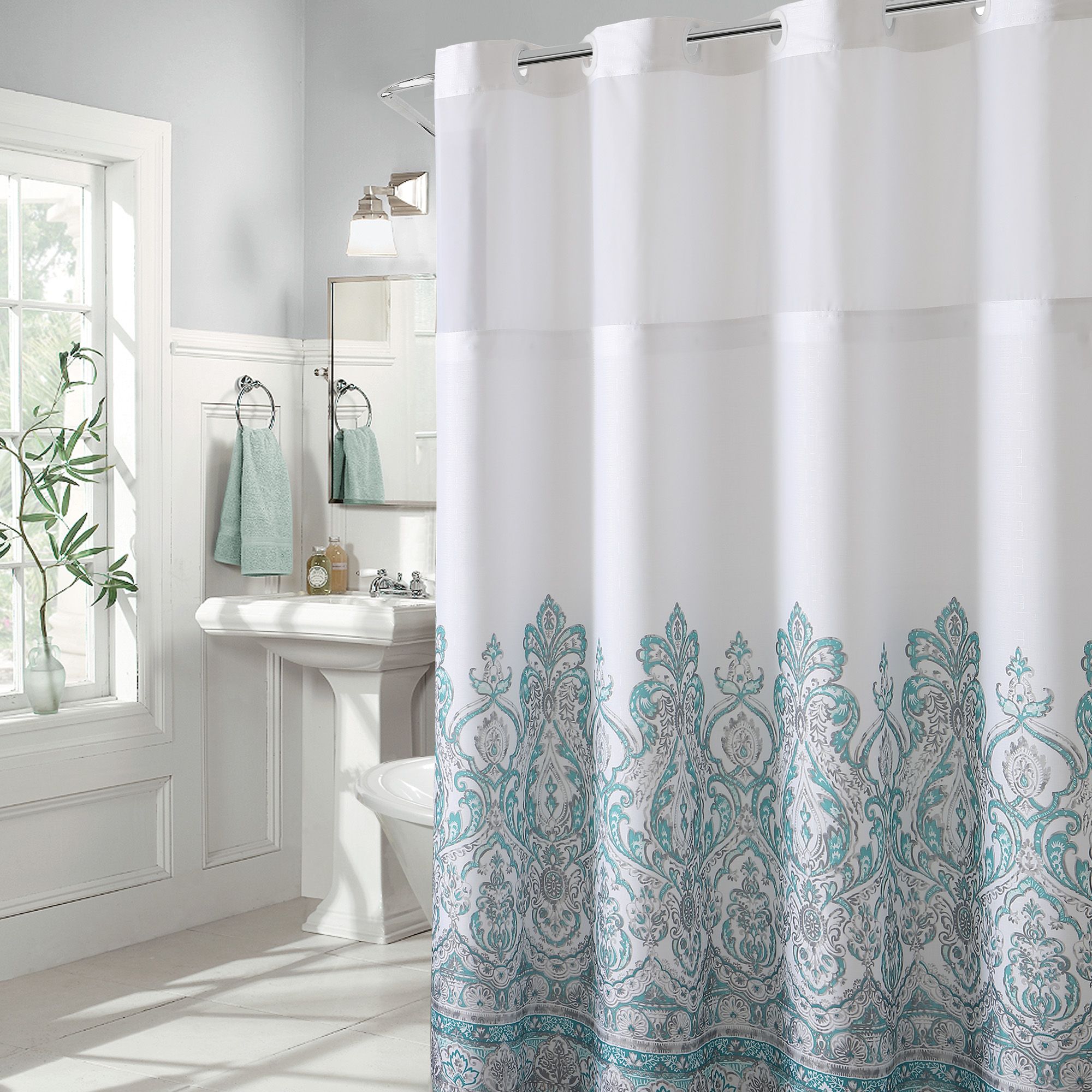 Hookless Damask Border Shower Curtain, Hookless Peva Shower Curtain With Window