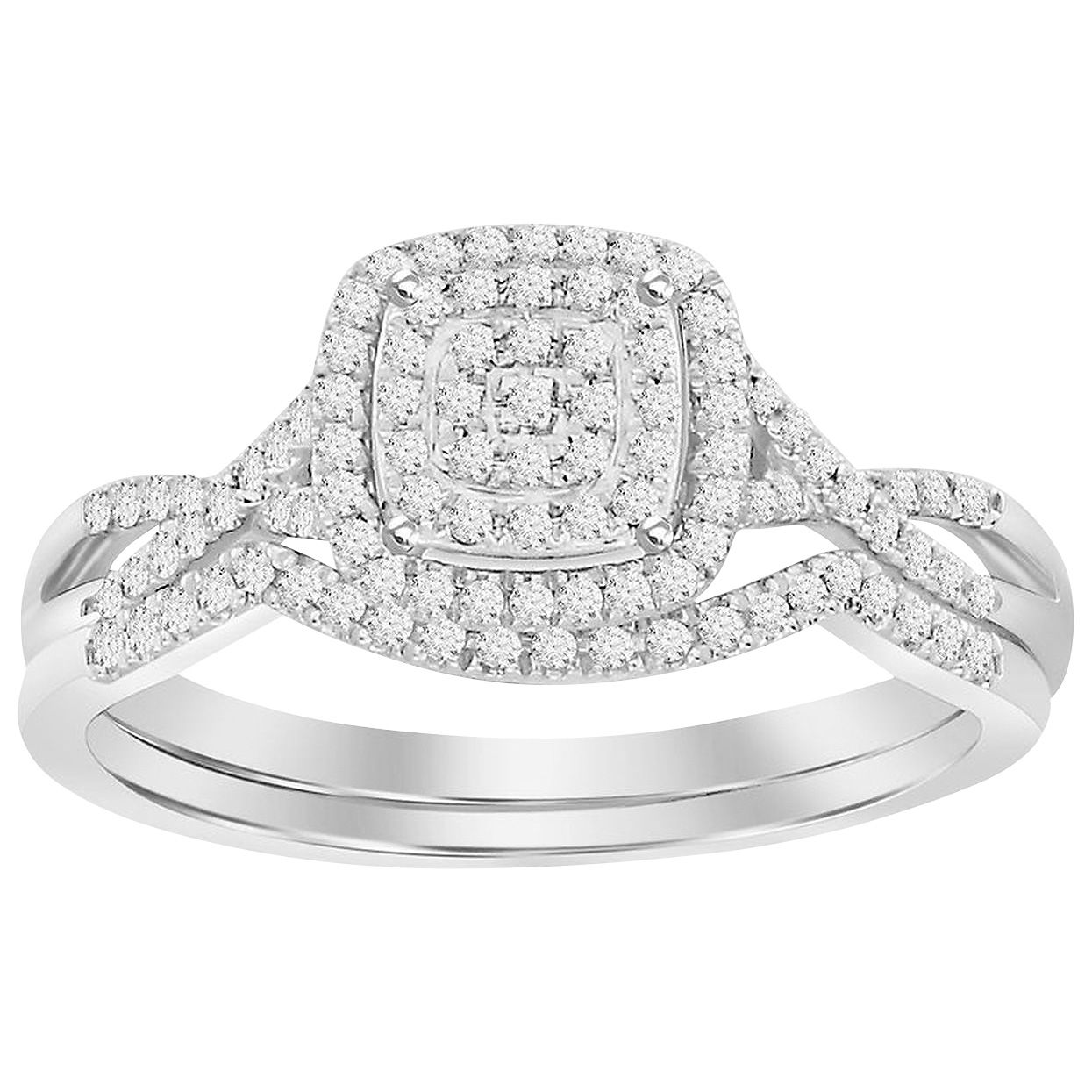 Fingerhut Promise Of Love 10k White Gold 1 4 Ct Tw Diamond Cushion Cut Crossover Bridal Set