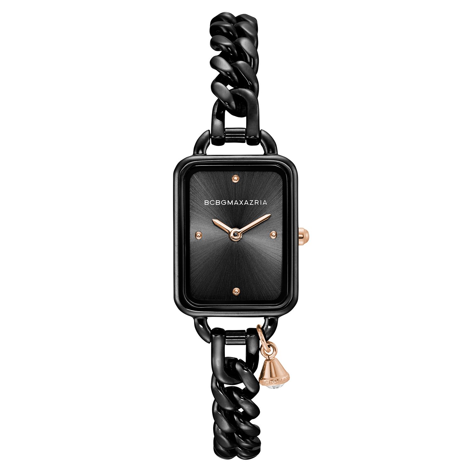 BCBGMAXAZRIA Women s Black Dial Black Stainless Steel Bracelet with Crystal Charm Watch BG50845002