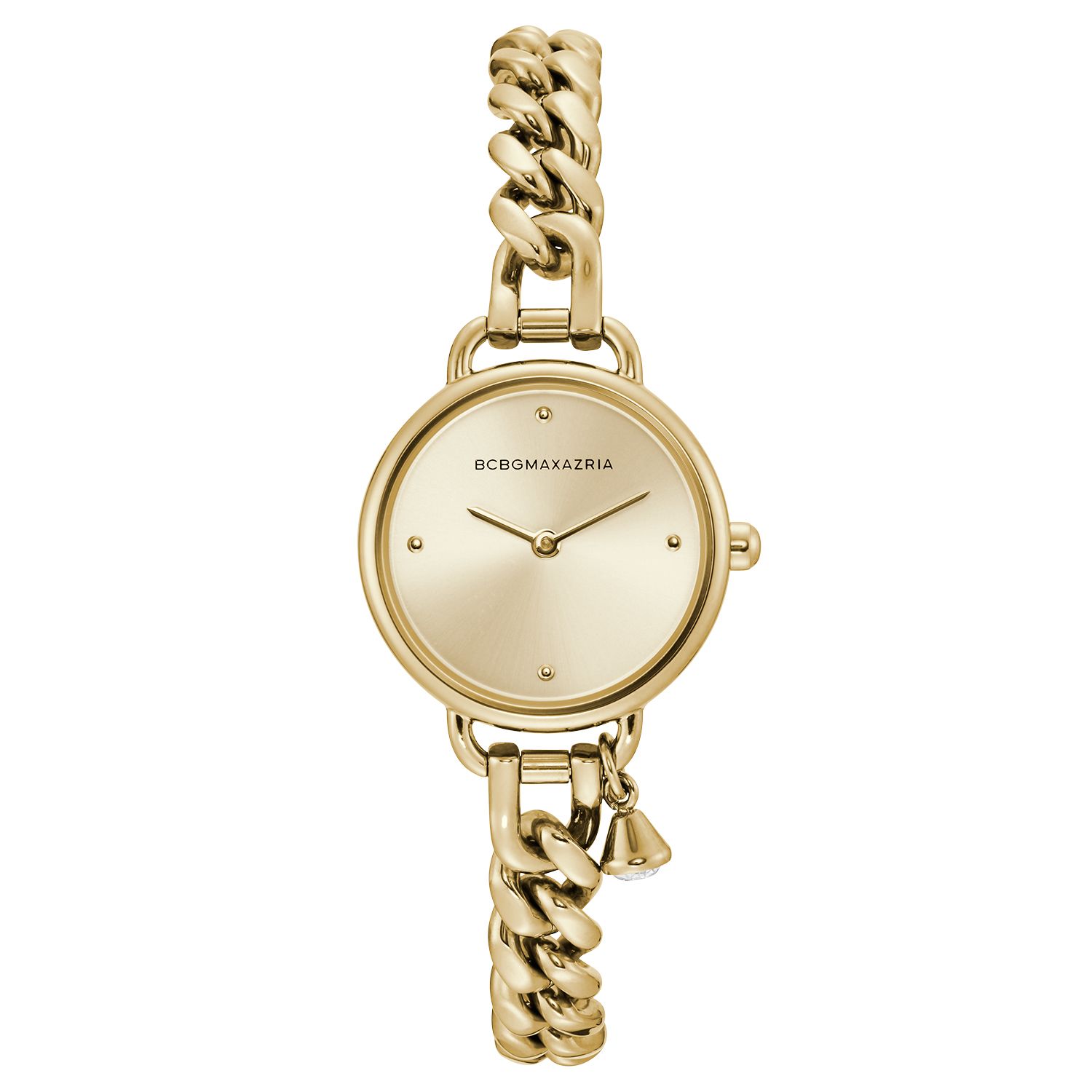 BCBGMAXAZRIA Women s Round Dial Goldtone Bracelet with Crystal Charm Watch BG50830003