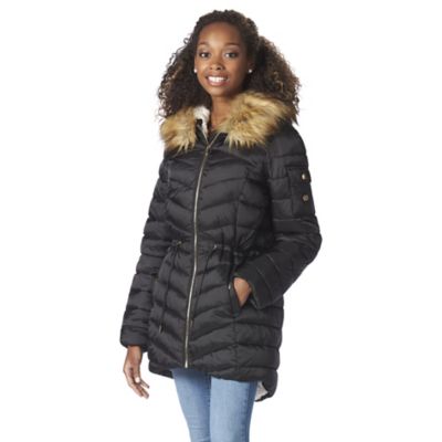 hooded faux fur lined drawstring jacket