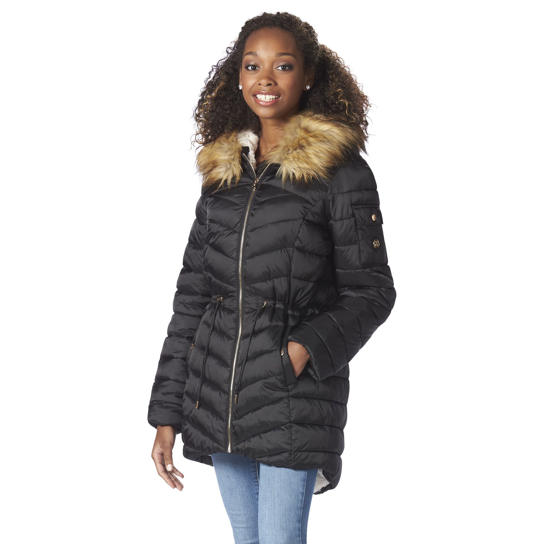 Jessica Simpson Womens Plus Size Faux Fur Trim Water Resistant Puffer Coat 