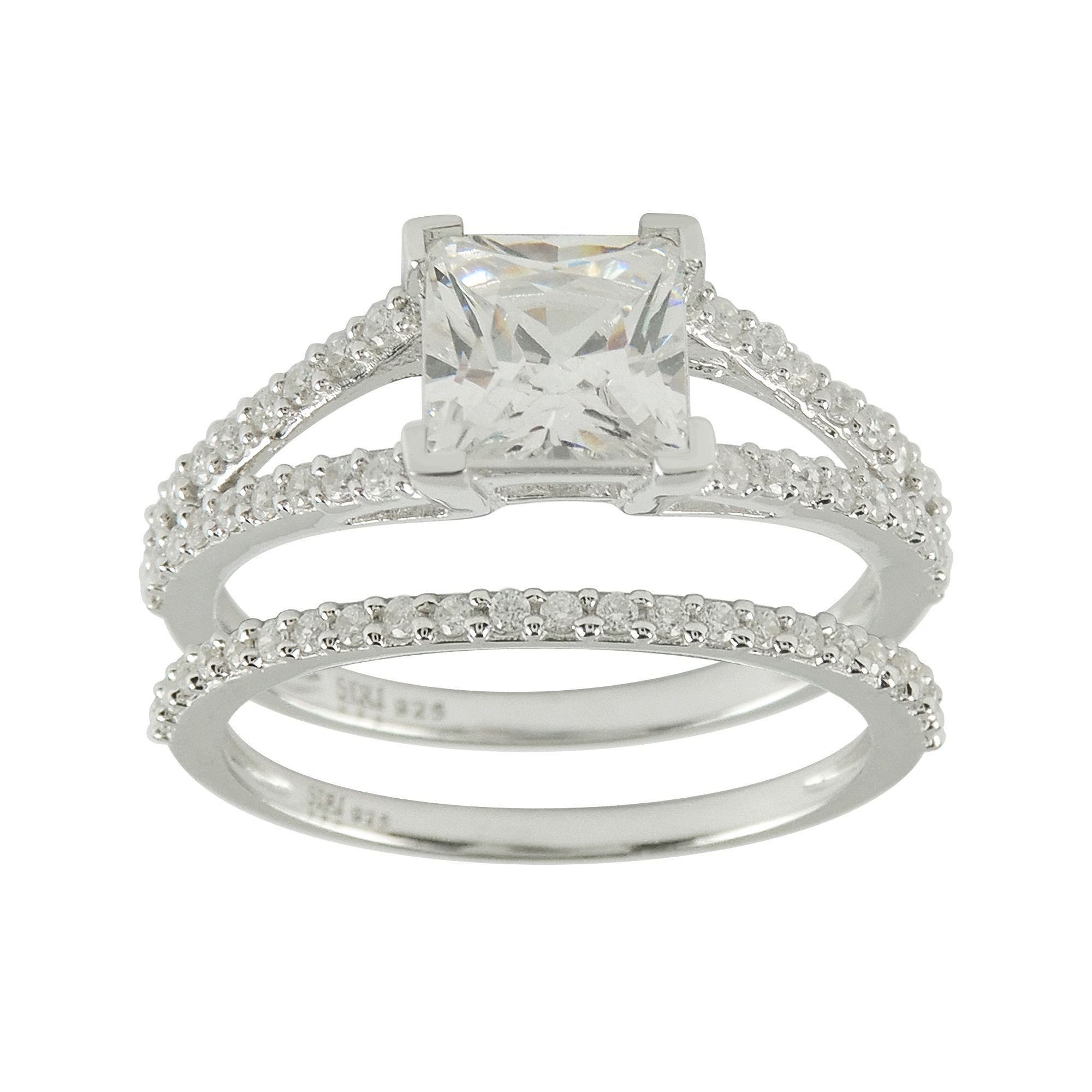 Fingerhut Siri Sterling Silver Princess Cut Cz Halo Bridal Set