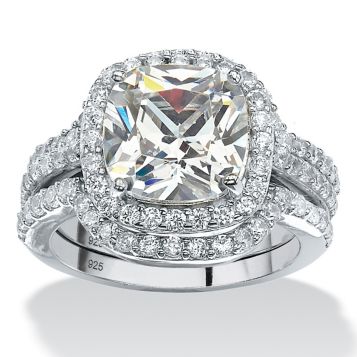 Fingerhut Palmbeach Jewelry Platinum Plated Sterling Silver Cushion Cut Halo Cz 3 Pc Bridal Set