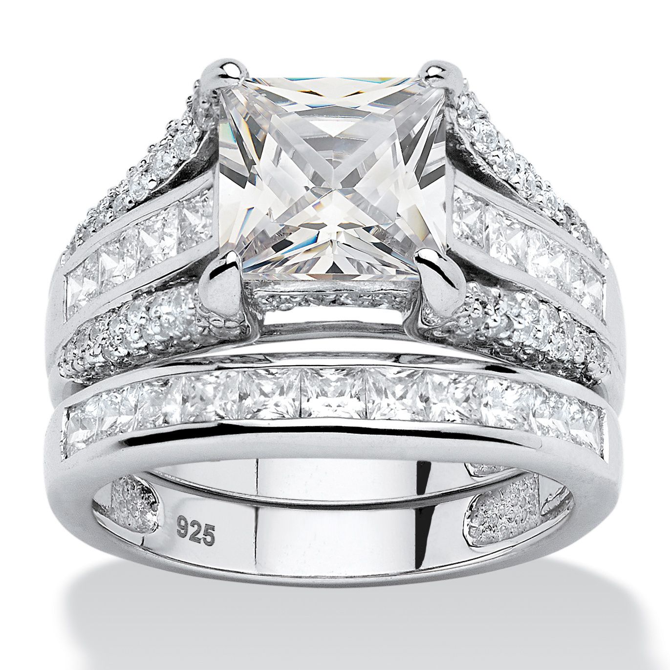 Fingerhut Palmbeach Jewelry Platinum Plated Sterling Silver Princess Cut Cz Bridal Set