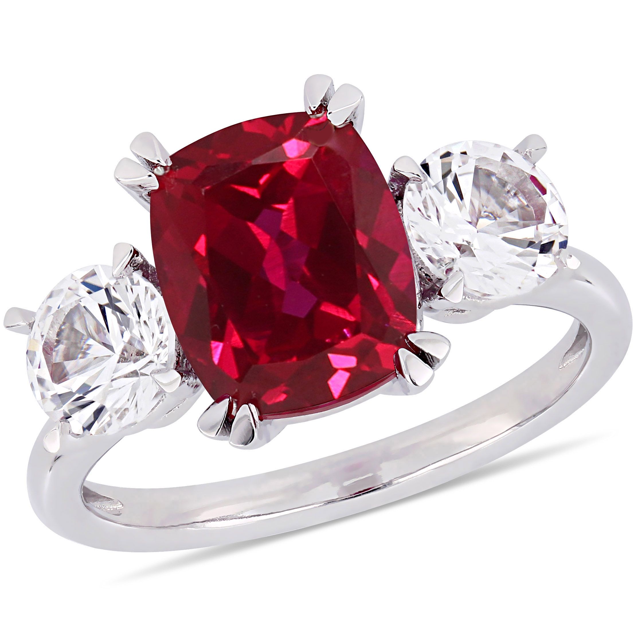 Sofia. B. 10K White Gold Created Ruby and Created White Sapphire 3-Stone  Engagement Ring