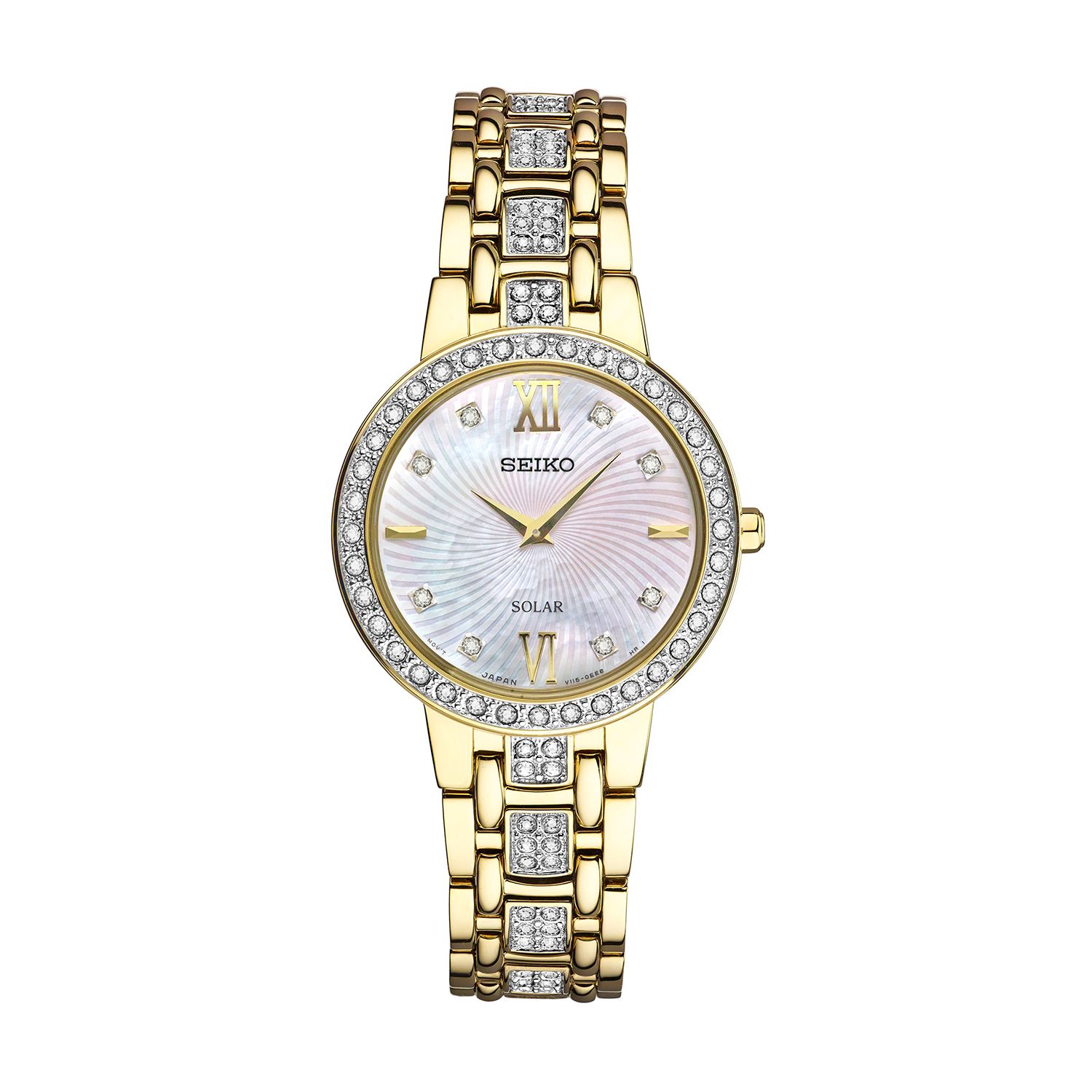 Seiko women's solar watch with mother of pearl dial clearance and swarovski crystal accents