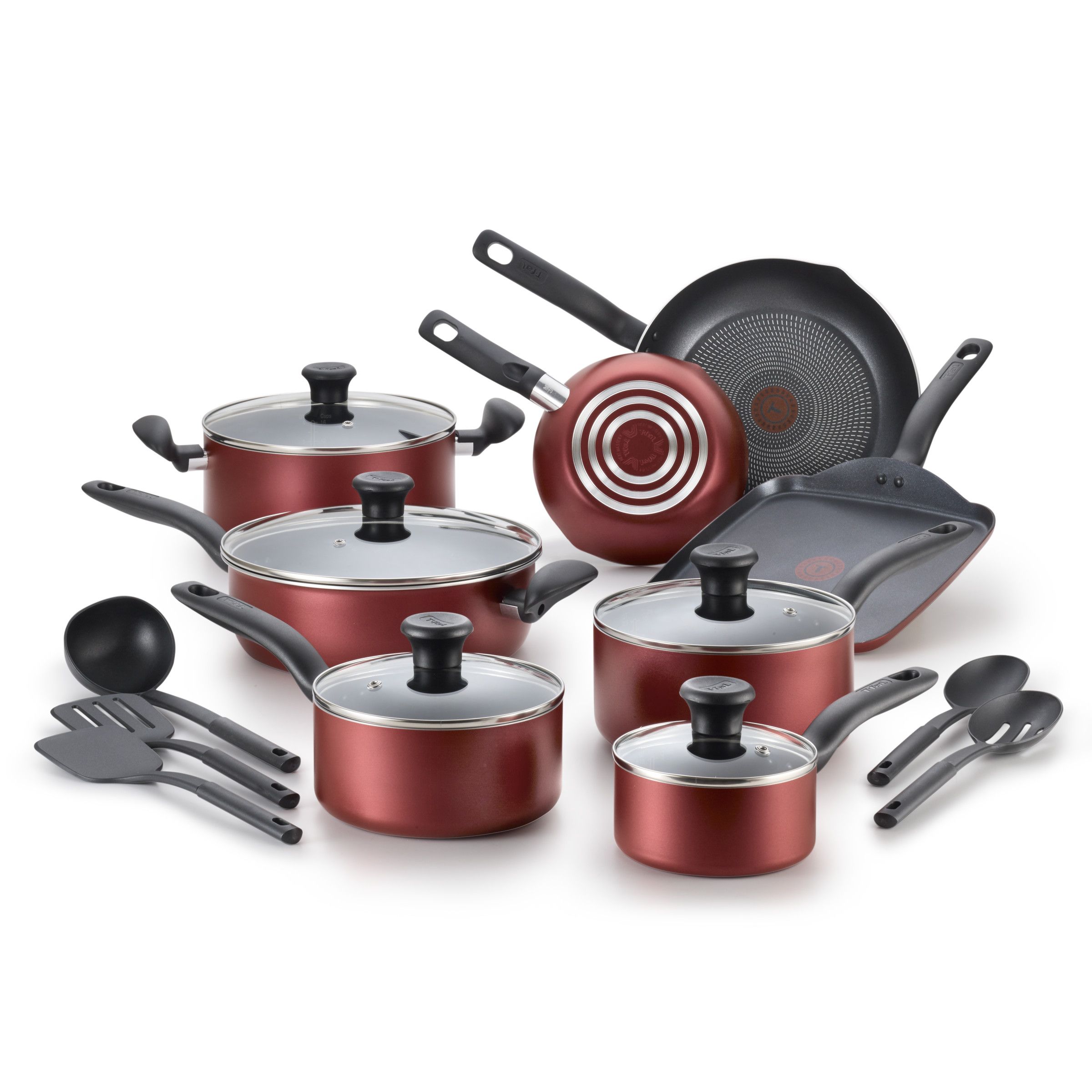 Fingerhut - T-fal Initiatives 18-Pc. Nonstick Aluminum Cookware Set - Red