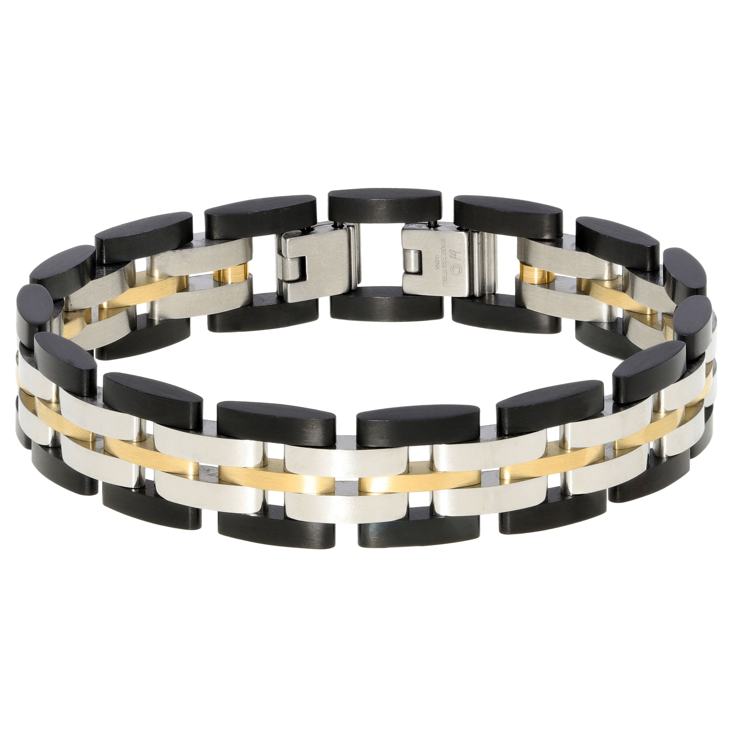 Fingerhut - Lynx Men's Stainless Steel Black and Goldtone Tri-Color Link  Bracelet