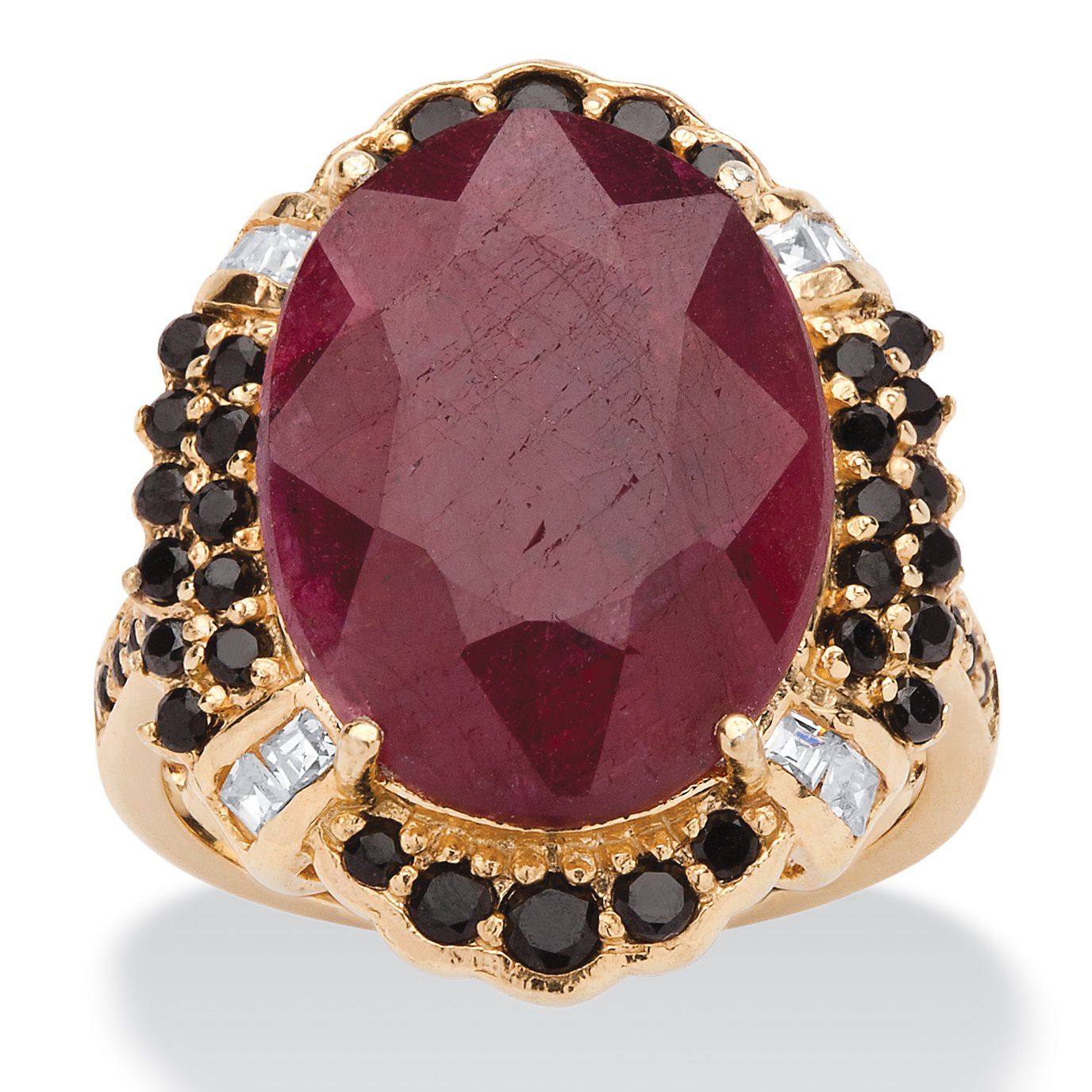 PalmBeach Jewelry 14K Gold-Plated Sterling Silver Oval Ruby, Black Spinel  and CZ Ring