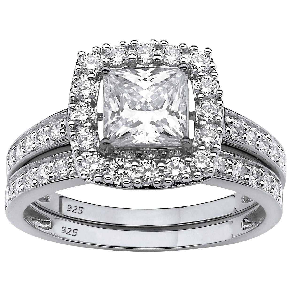 Princess cut white sapphire 925 deals sterling silver halo bridal sets