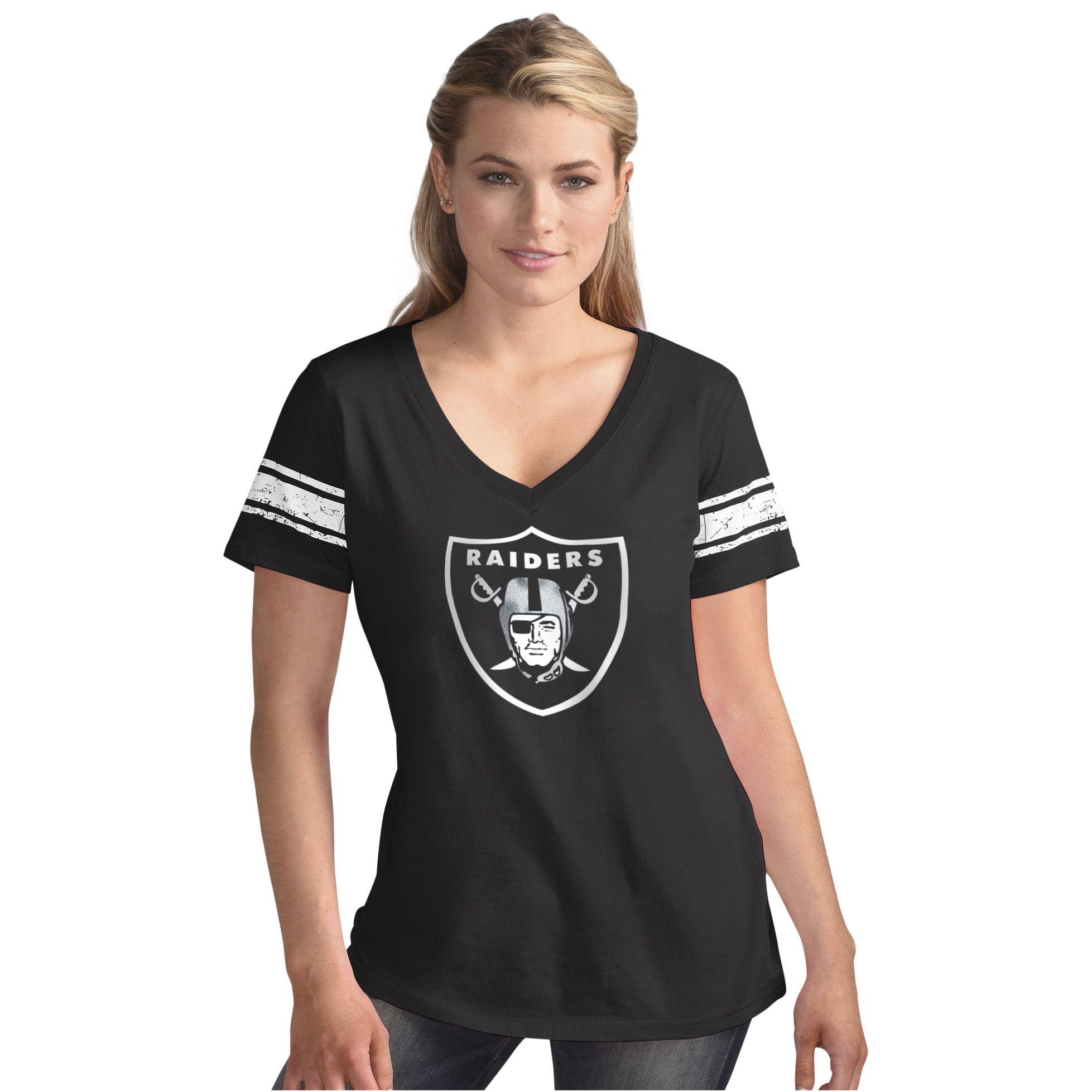 Oakland Raiders Women's G-III NFL First Down V-Neck Cap Sleeve T-Shirt