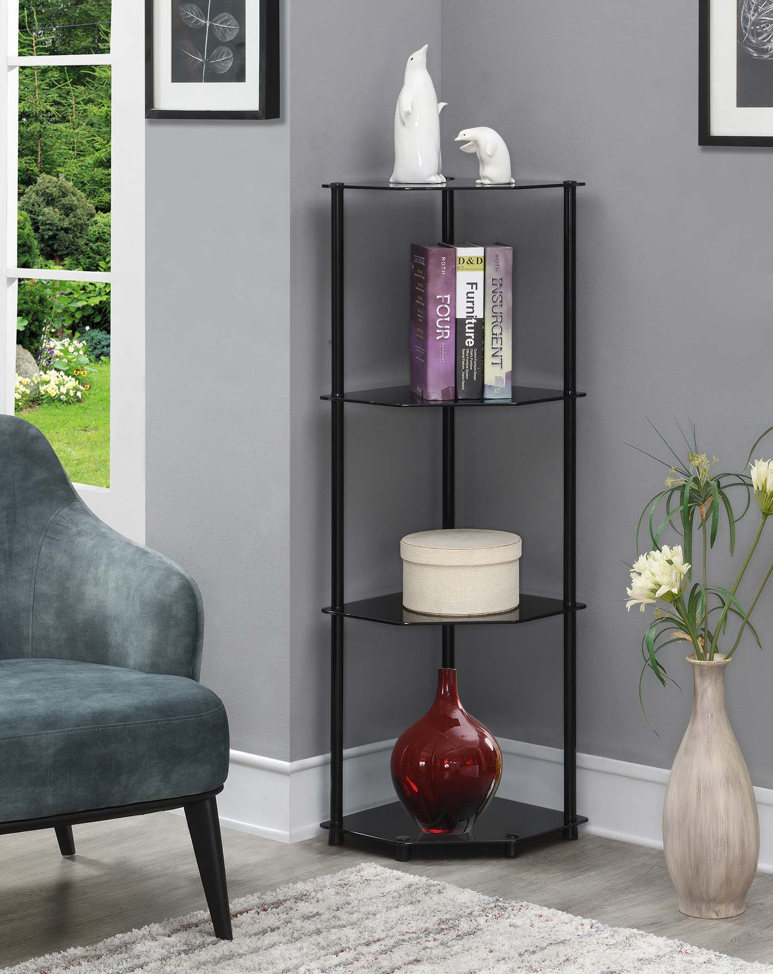Fingerhut Convenience Concepts Designs2Go Classic Glass 4-Tier Corner  Bookcase Shelf