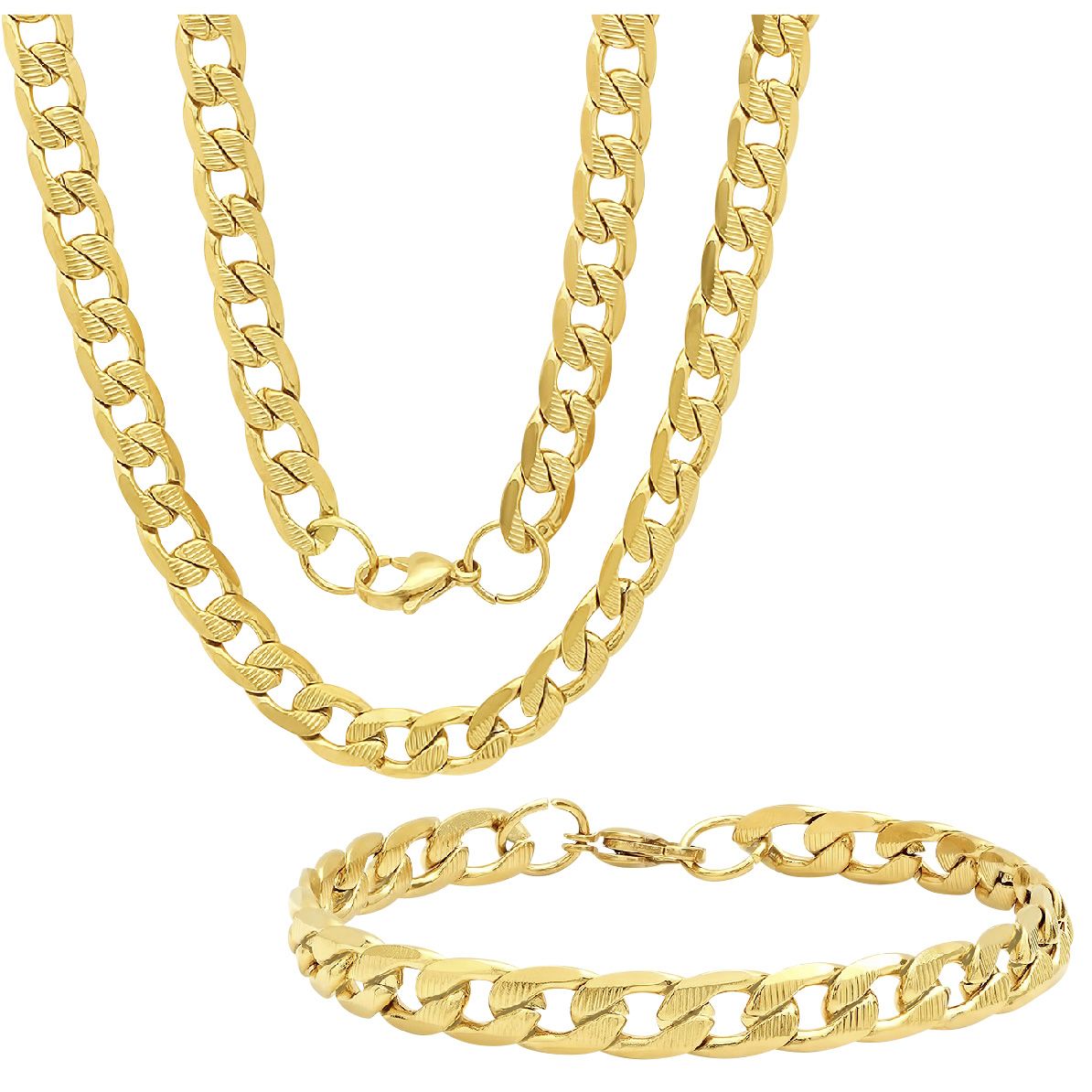 Steeltime Men's 18K Gold Plated Stainless Steel Thick Cuban Link Chain Necklace with Simulated Diamonds Clasp - Gold Plated