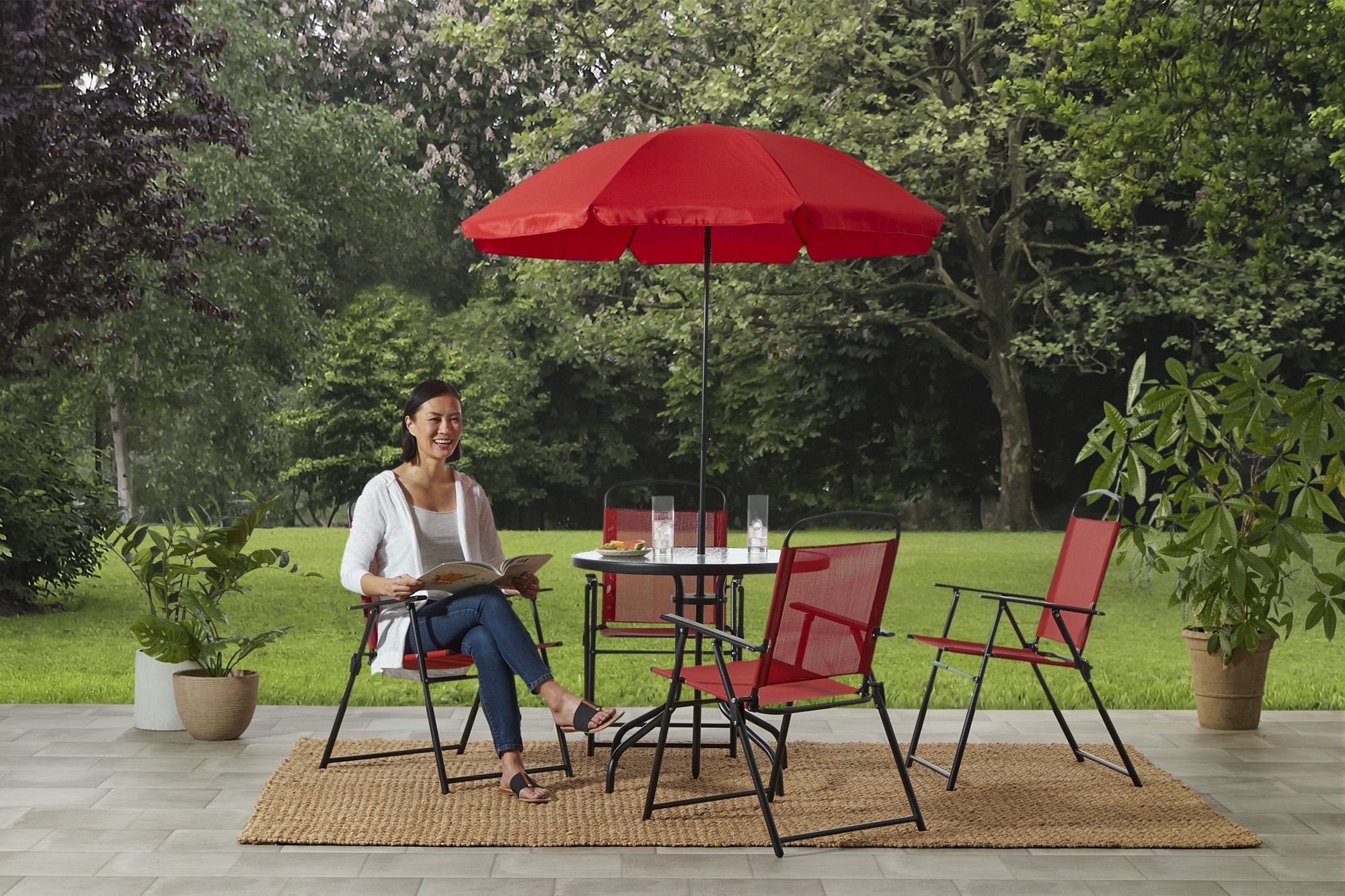 Flash furniture nantucket 6 piece patio garden set with table umbrella clearance and 4 folding chairs