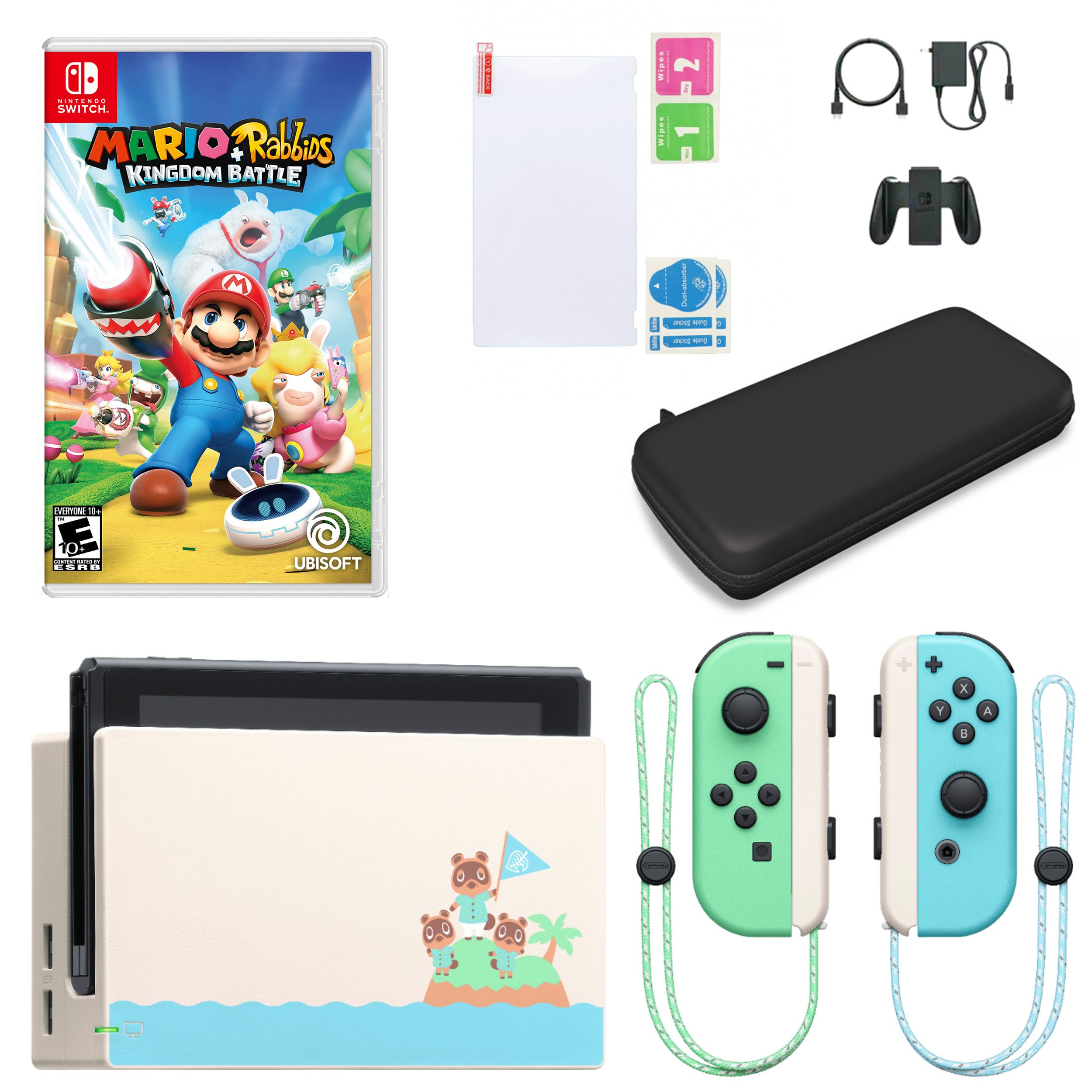 Fingerhut Nintendo Switch System Animal Crossing New Horizons Edition Bundle With Mario Rabbids Kingdom Battle Carry Case And Screen Protector Kit