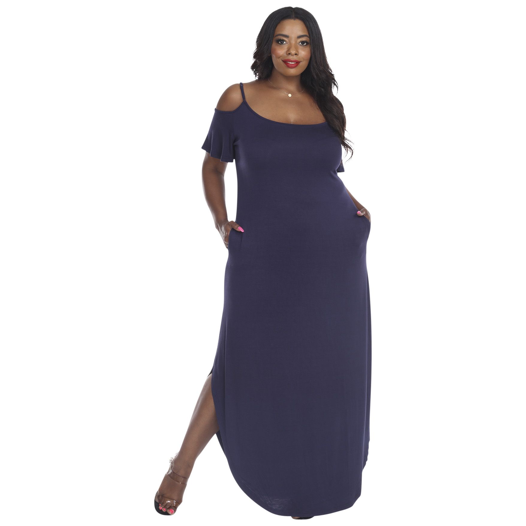 Plus Size Spaghetti Straps Cold Shoulder Maxi Evening Dress - Ever