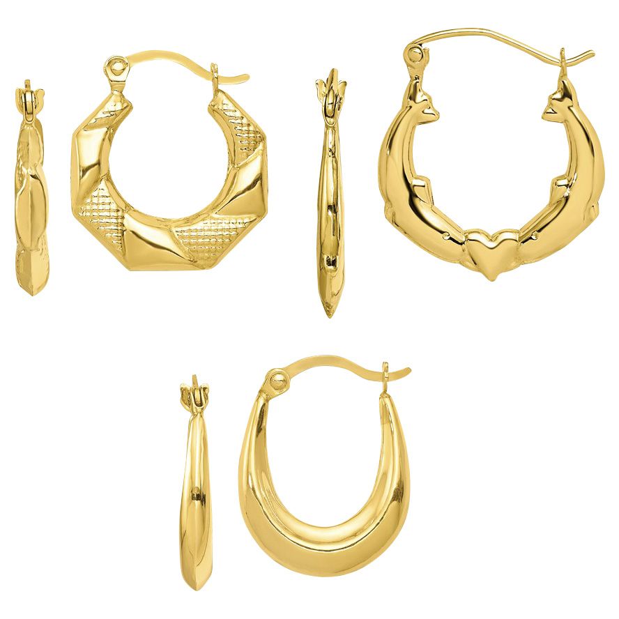 Hollow Hoop Earrings Set 10K Yellow Gold