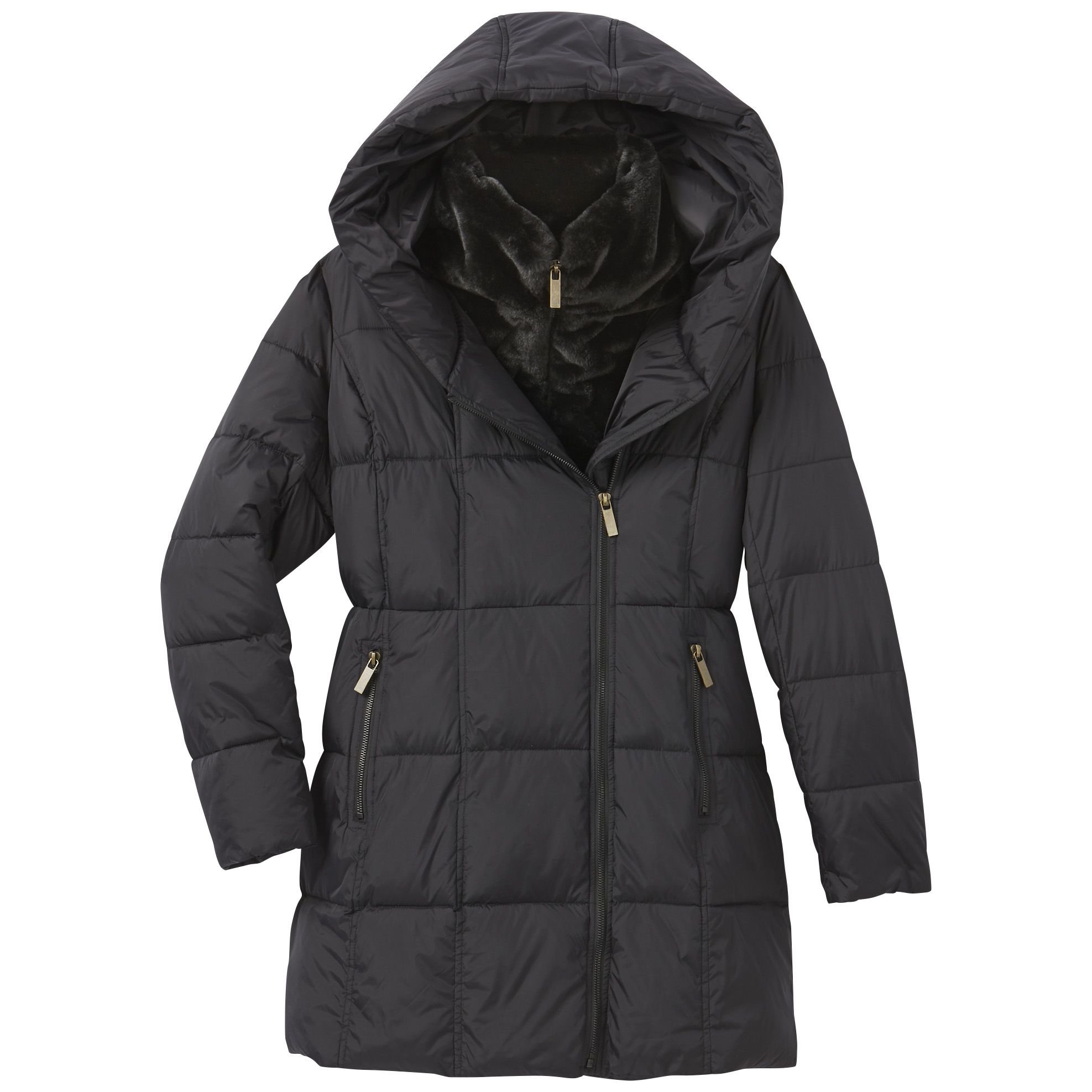 Asymmetrical puffer coat outlet with hood