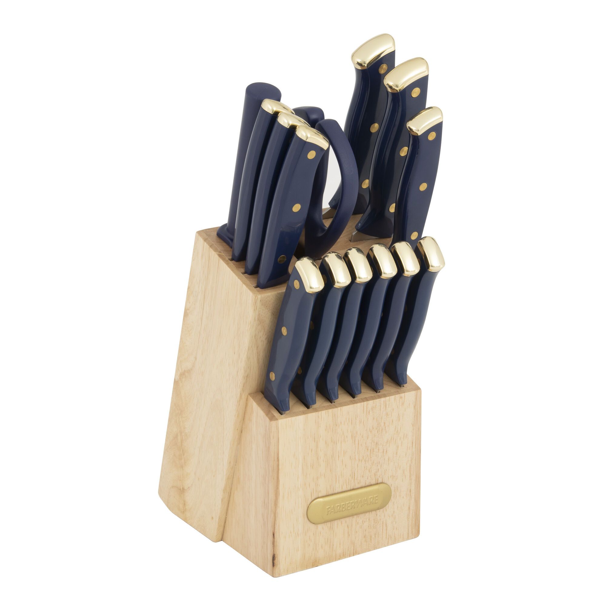 Fingerhut - Farberware 15-Pc. Knife Block Set - Navy Blue/Goldtone