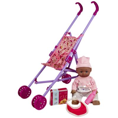 black baby doll with stroller