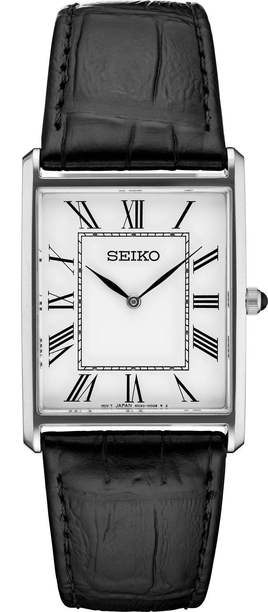 Seiko Men s White Dial Roman Numerals Black Leather Strap Watch