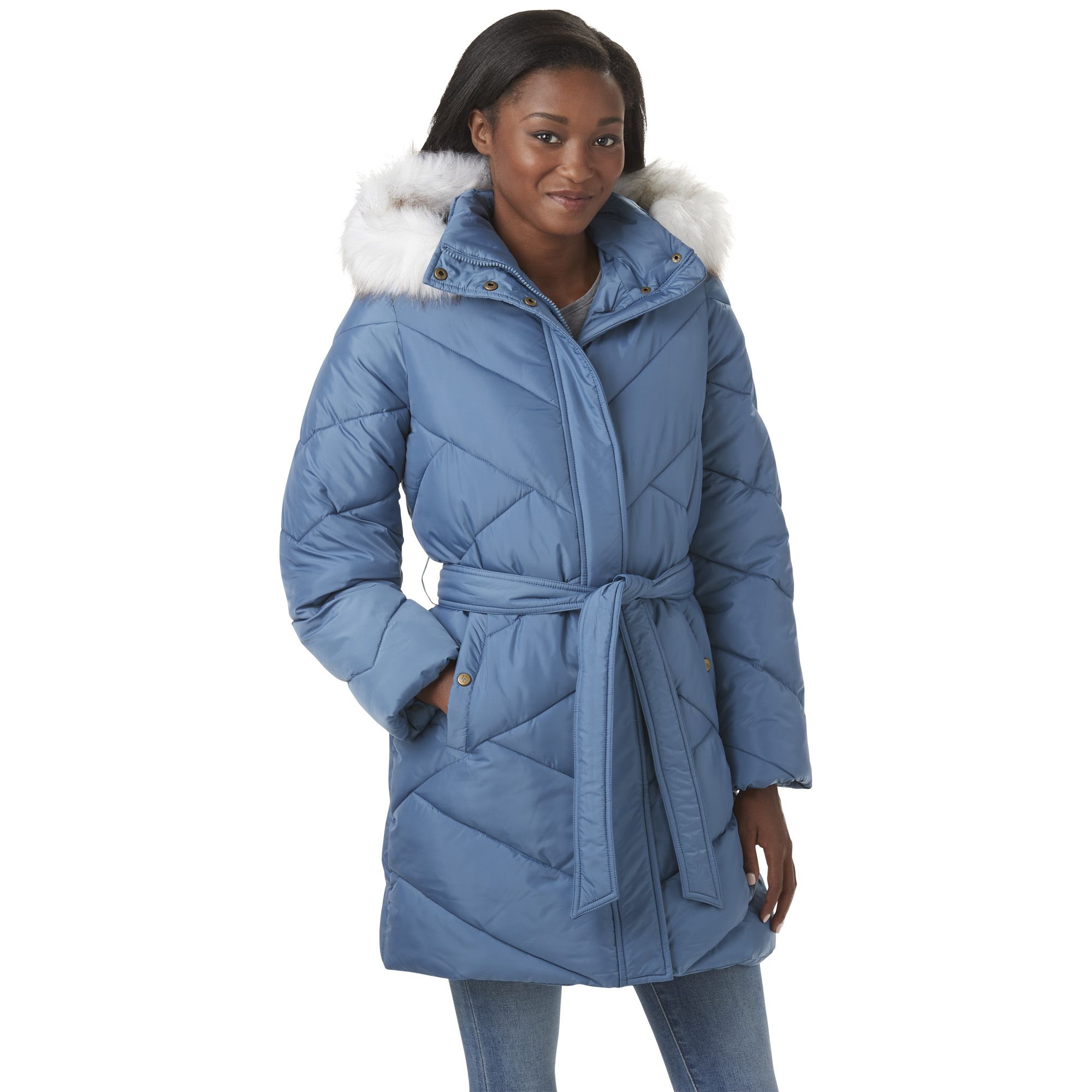 Women's Plus Size Hooded Belted Puffer Coat