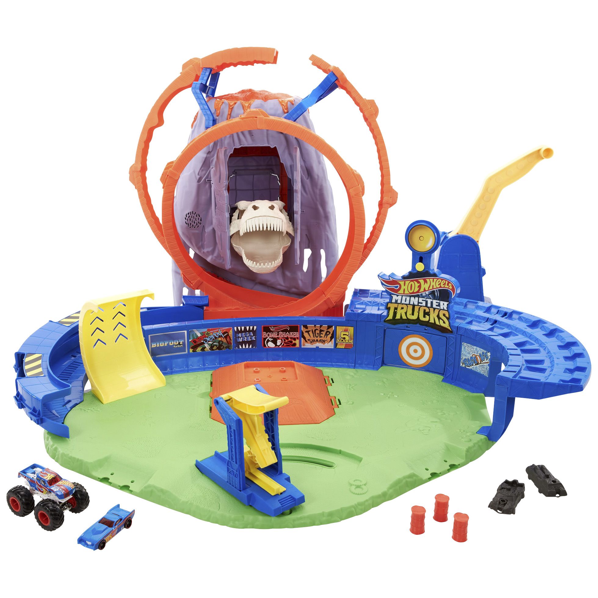 Fingerhut - Hot Wheels Monster Trucks T-Rex Volcano Arena Playset