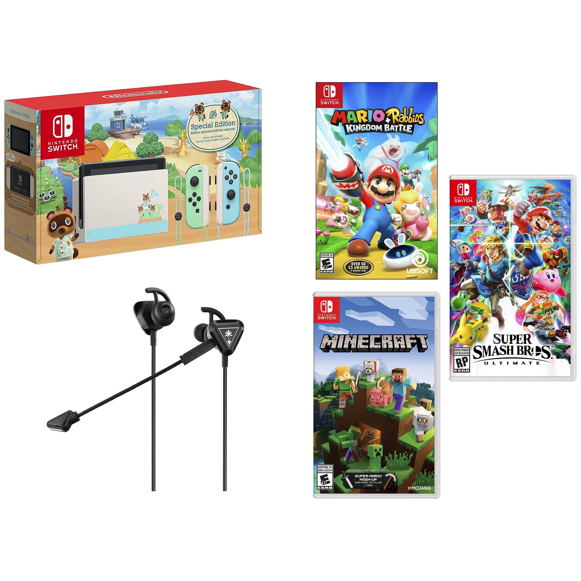 Fingerhut - Nintendo Switch Console Animal Crossing: New Horizons Edition  Bundle with Super Smash Bros. Ultimate, Mario + Rabbid Kingdom Battle,  Minecraft and Turtle Beach Recon Battle Buds Headset