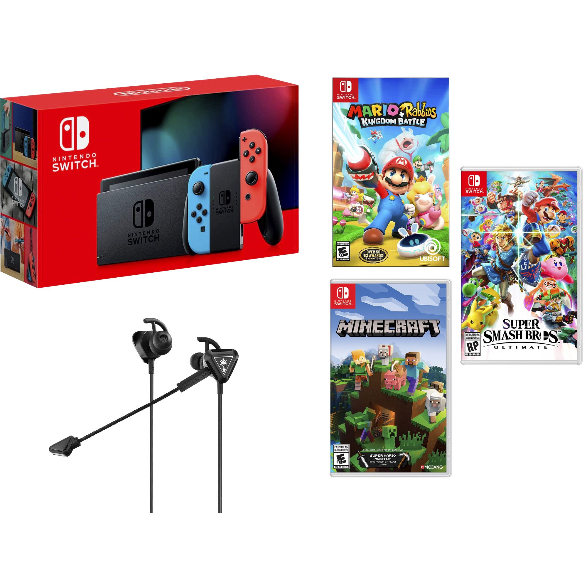 Fingerhut - Switch Console Bundle with Blue & Red Joy-Cons, Super Bros. Ultimate, Mario + Rabbids Kingdom Battle, Minecraft and Turtle Beach Recon Battle Buds Headset
