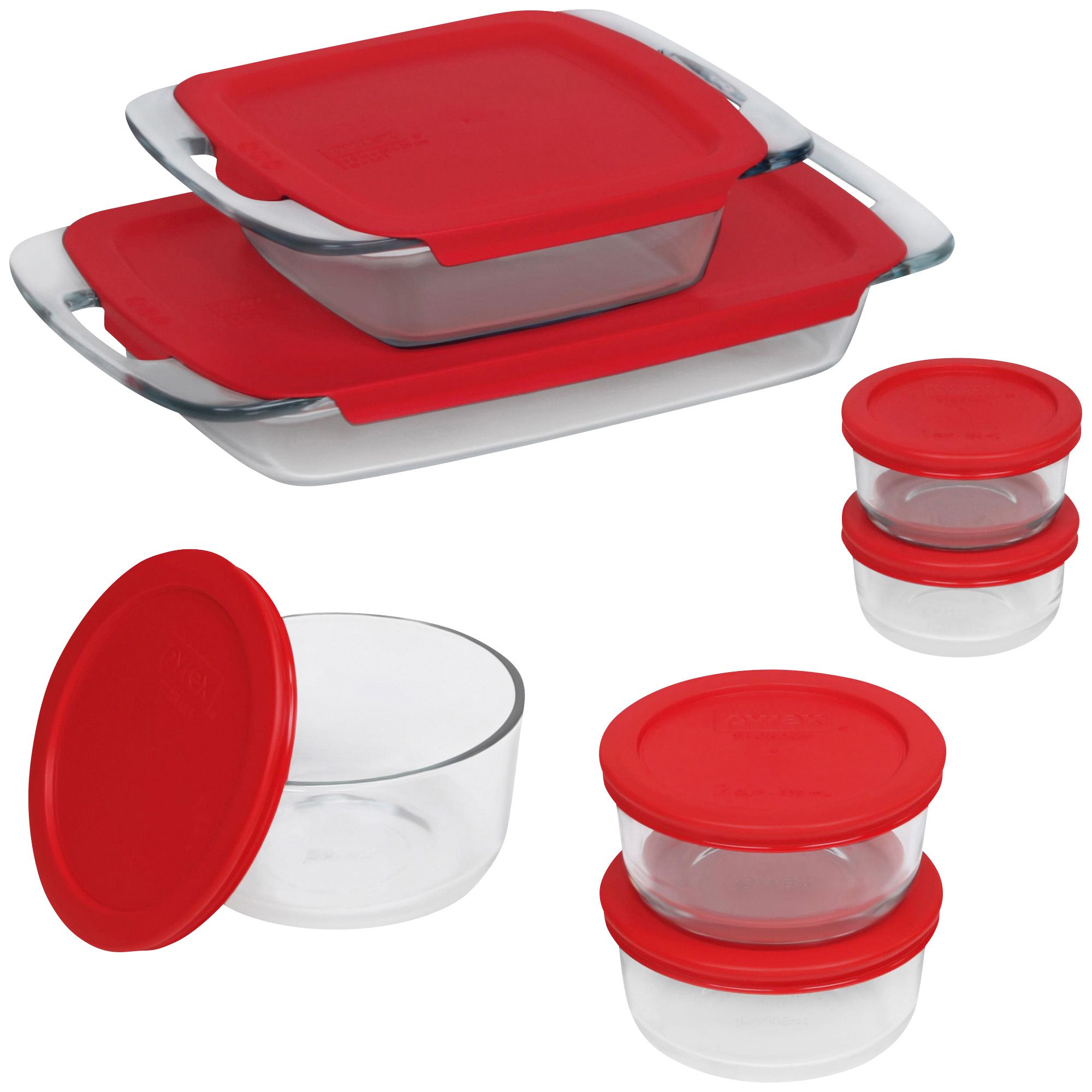 Pyrex 1-Cup Glass Storage Dish with Lid - 8 Piece - Red, 8 Piece
