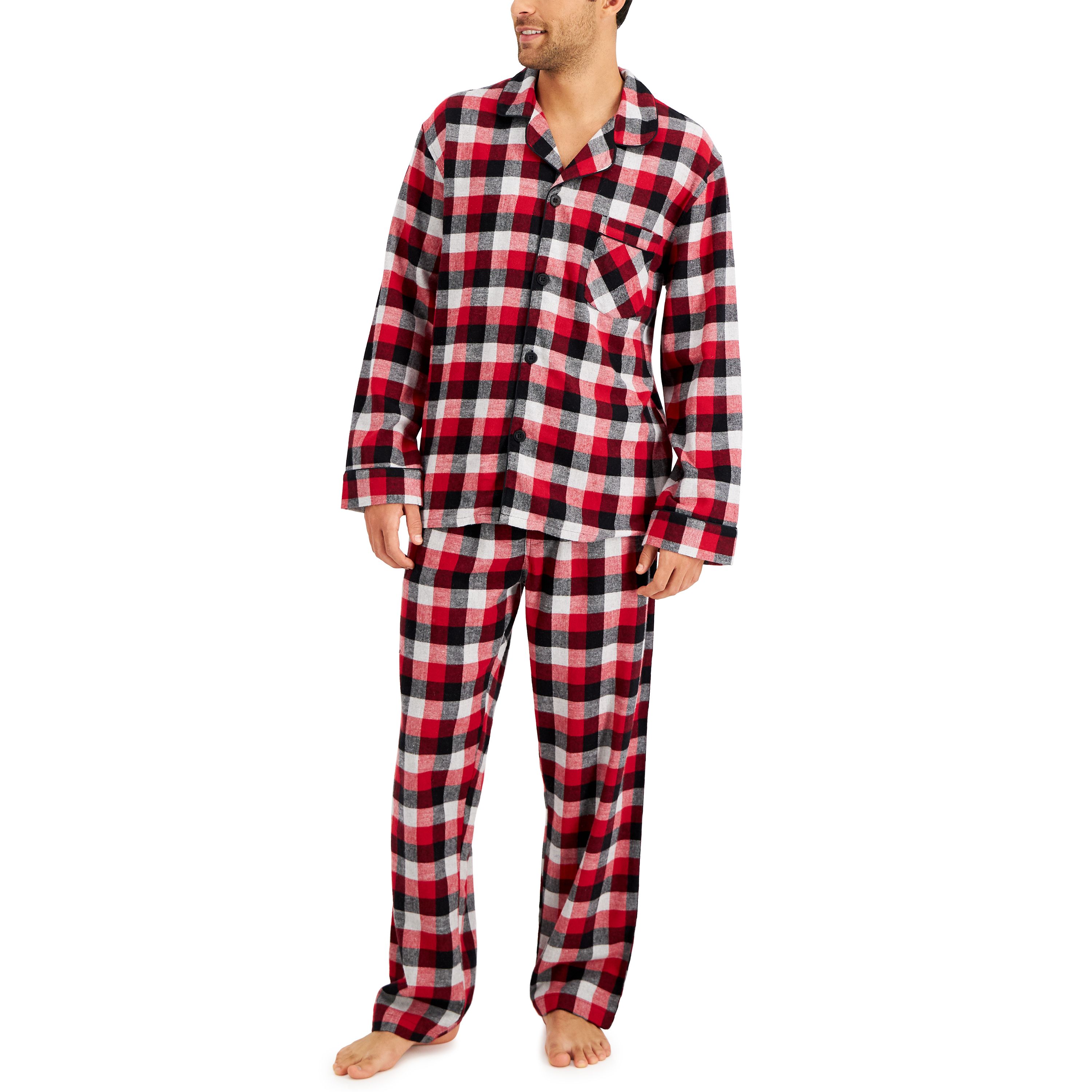 Hanes Men's 100% Cotton Flannel Plaid Pajama Top and Pant Set, Red