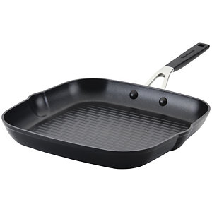 MegaChef 11 Square Enamel Cast Iron Grill Pan with Matching Grill Press in Blue