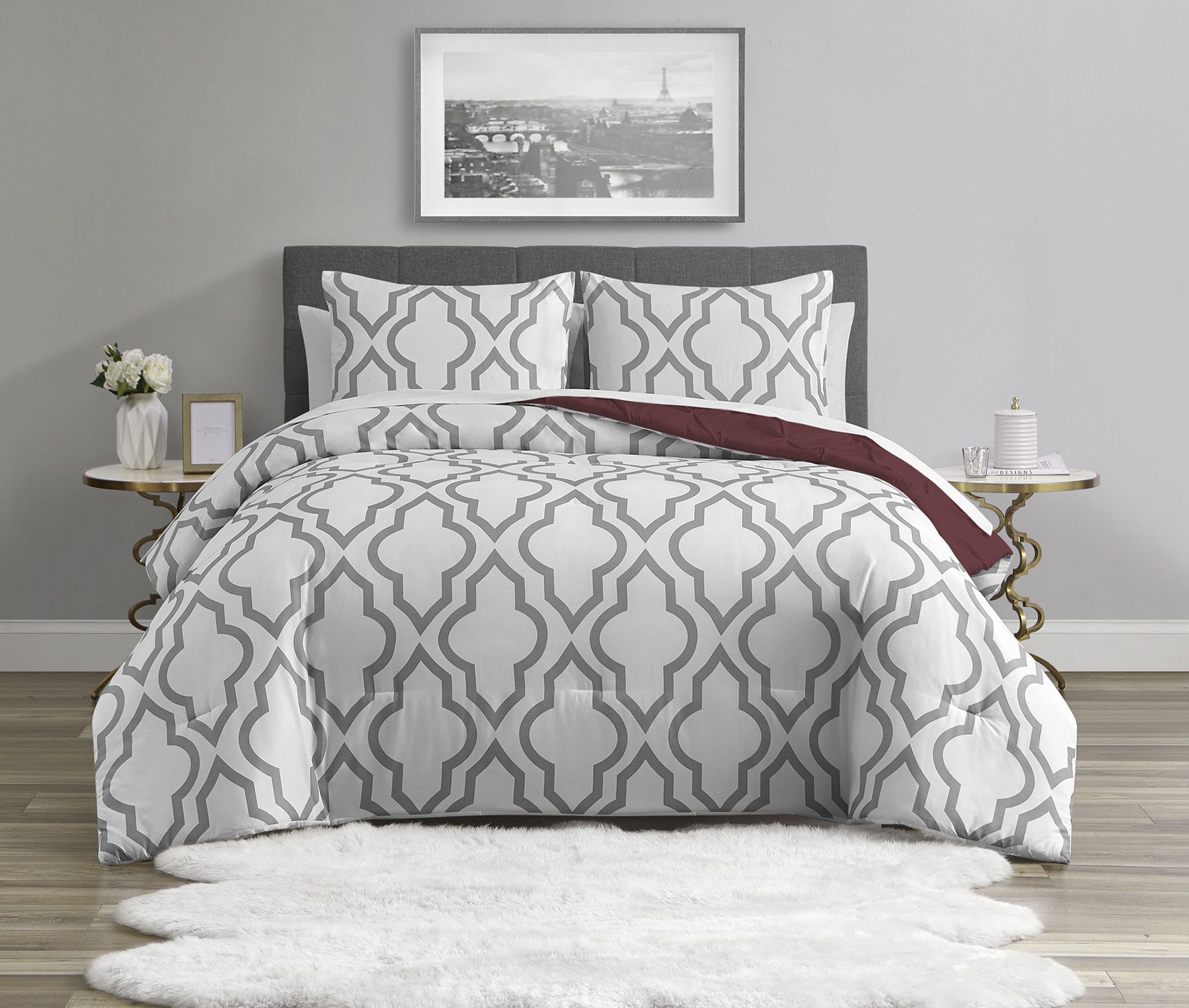 Reversible Comforter 5 Piece Burgundy/Gray