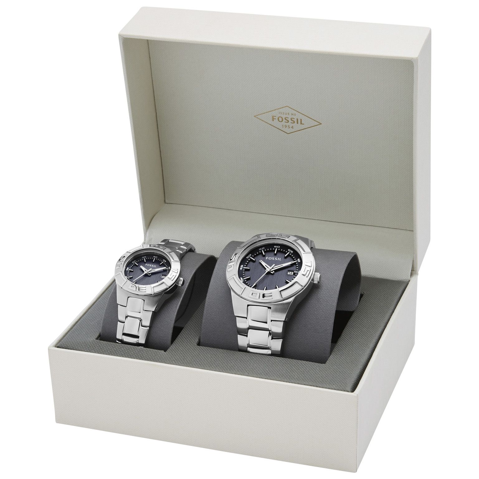 Fingerhut - Fossil Men's and Women's Blue Dial Silvertone Stainless Steel  Bracelet 2-Watch Set