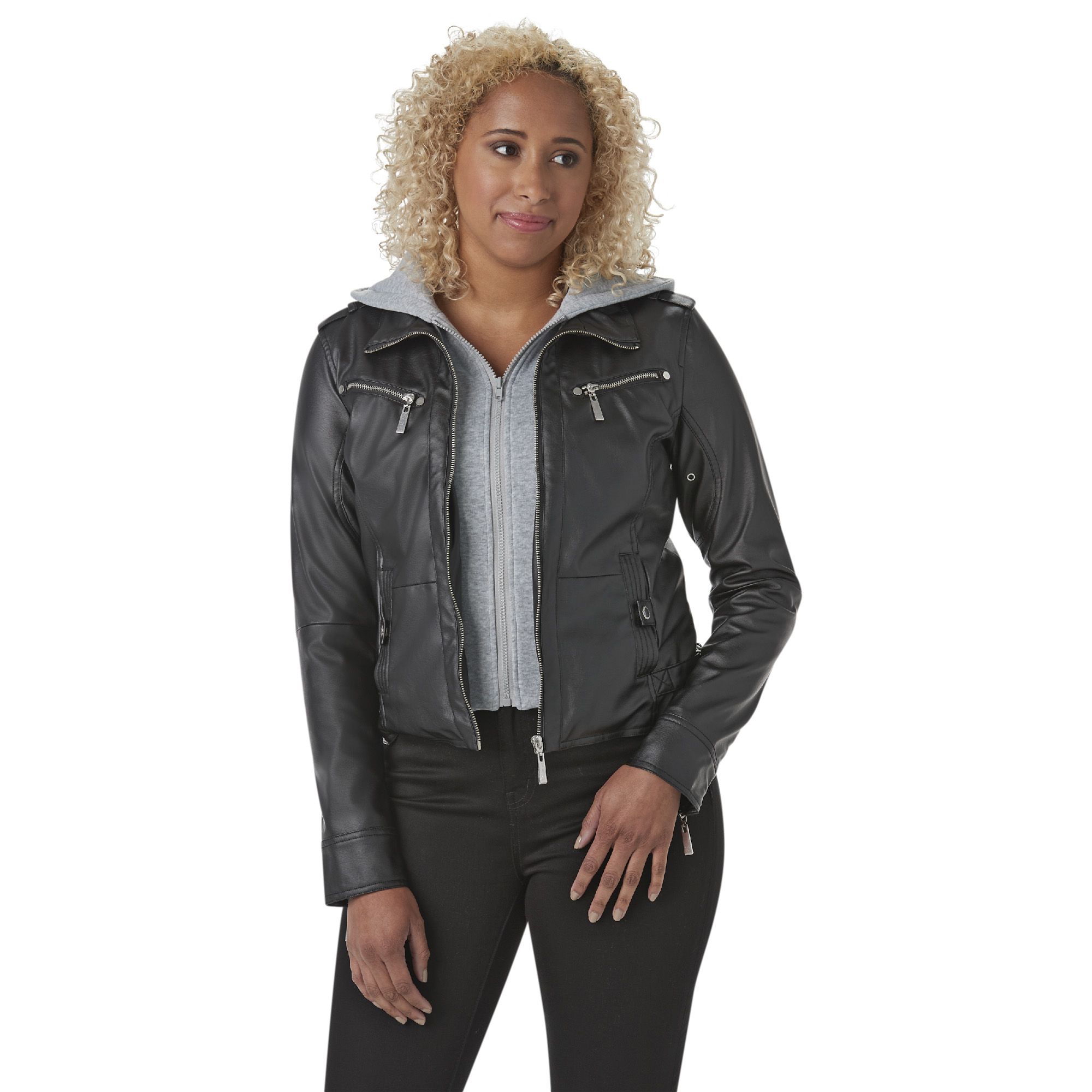 Leather jacket with hot sale grey hood womens