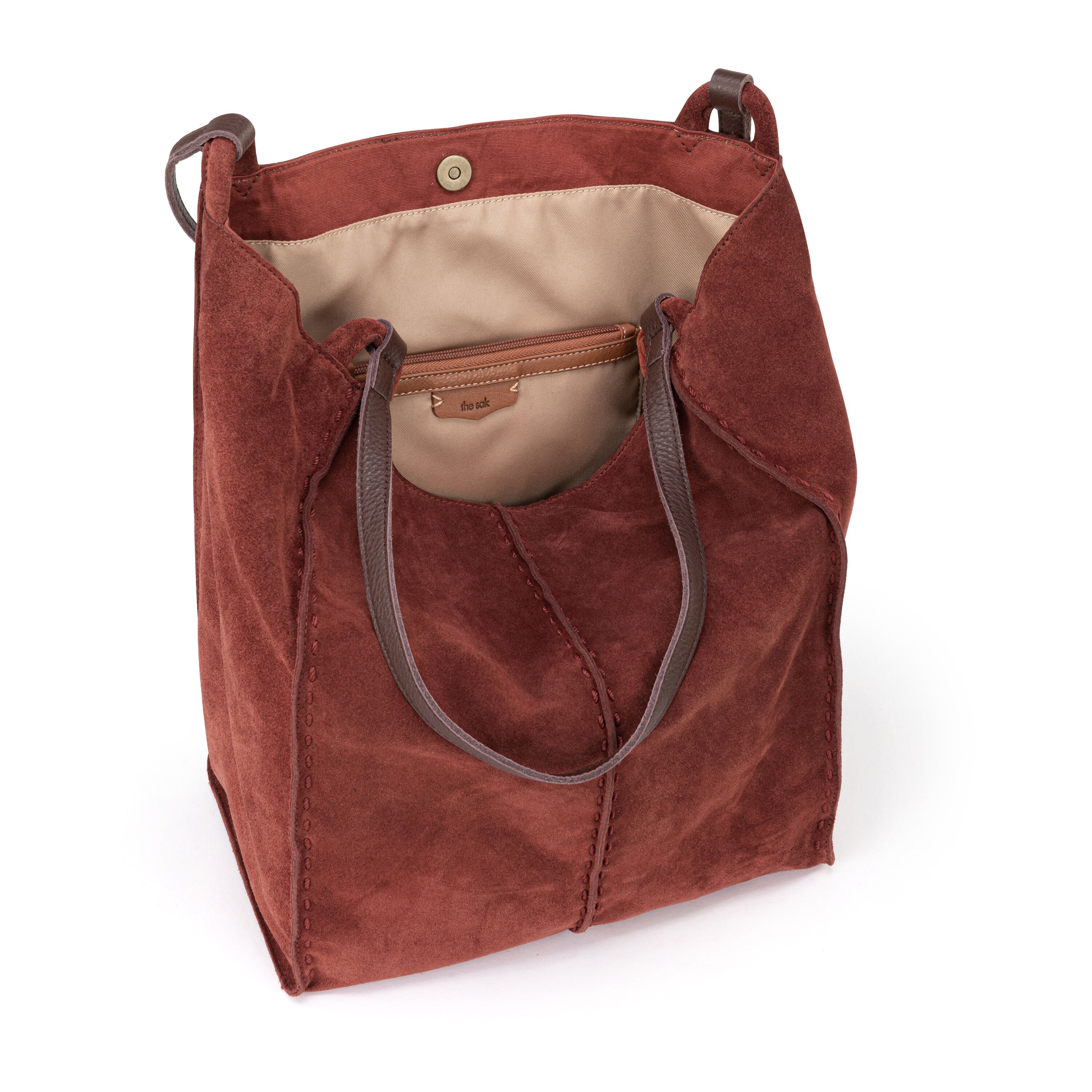 the SAK double handle zip top brown leather satchel hand bag purse