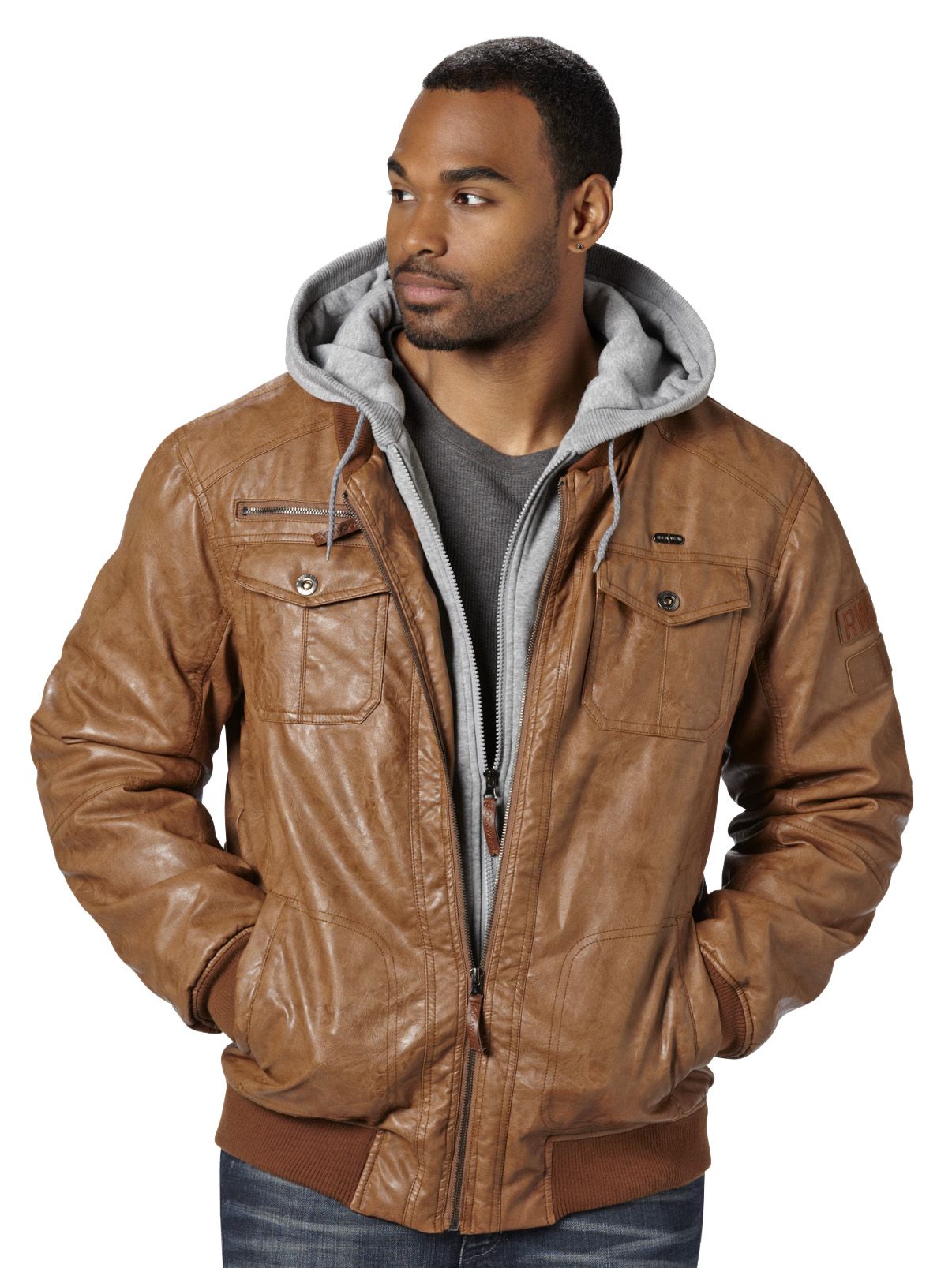 Mens leather best sale look hooded jacket