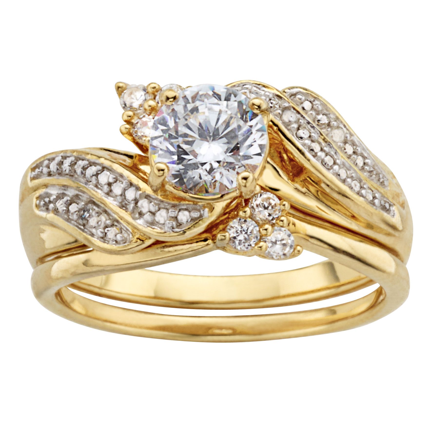 Fingerhut 18k Gold Over Sterling Silver Round Cz And Diamond Accent Interlocking Bridal Set