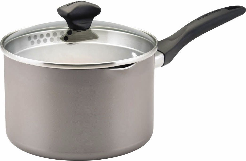 Farberware Dishwasher Safe Nonstick Aluminum 1-Quart Champagne Covered Straining Saucepan with Pour Spouts