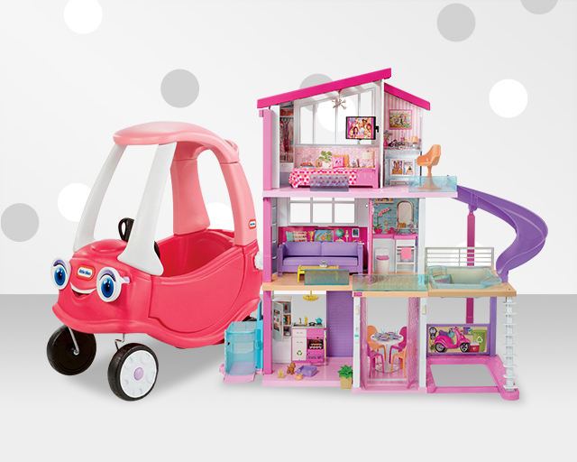 toy doll house, and toy ride-along buggy