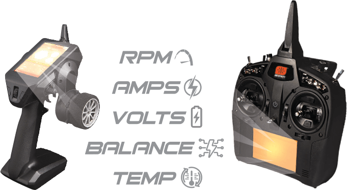 Telemetry: RPM, AMPS, VOLTS, BALANCE, TEMPS.