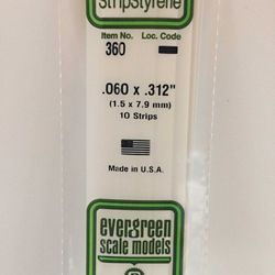 Evergreen 360 Opaque Styrene Strips .060" Thick 24" Long .312" Wide Pkg 10