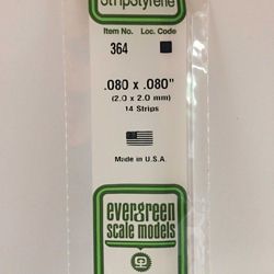 Evergreen 364 Opaque Styrene Strips .080" Thick 24" Long .080" Wide Pkg 14