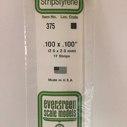 Evergreen 375 Opaque Styrene Strips .100" Thick 24" Long .100" Wide Pkg 12