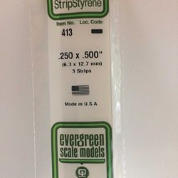 Evergreen 413 Opaque Styrene Strips .250" Thick 24" Long .500" Wide Pkg 3