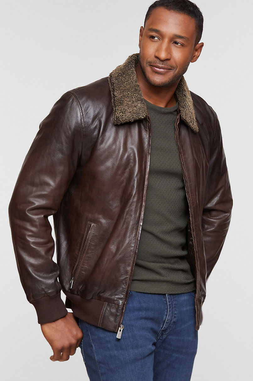 Oakley Lambskin Leather Bomber Jacket with Shearling Collar