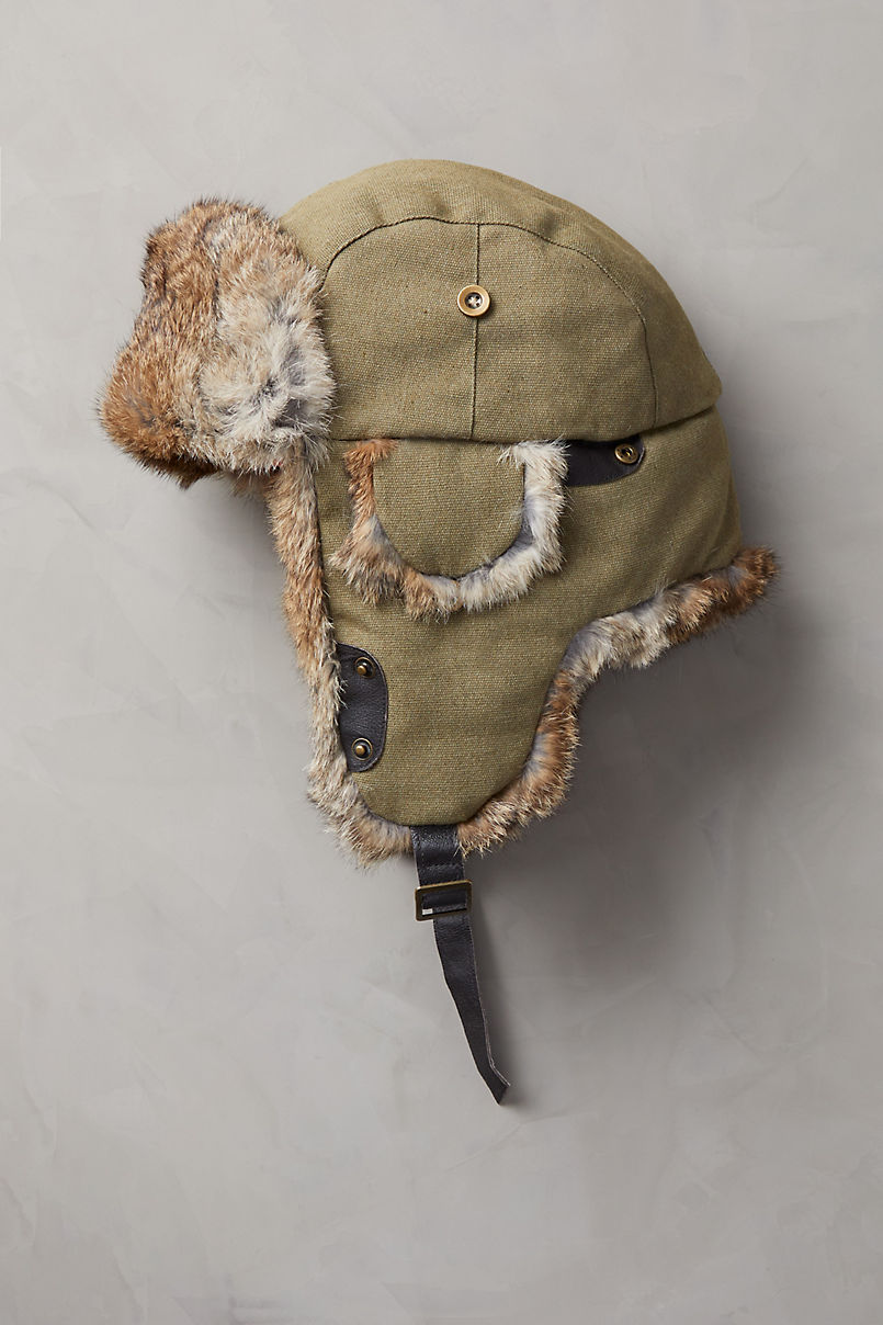Canvas Trapper Hat with Rabbit Fur Trim